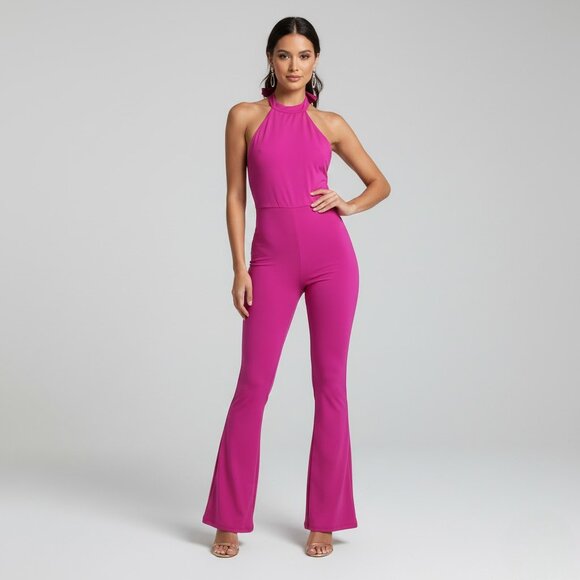 Fashion Nova Pants - Fashion Nova Pink Halter Jumpsuit Flared Leg Medium
